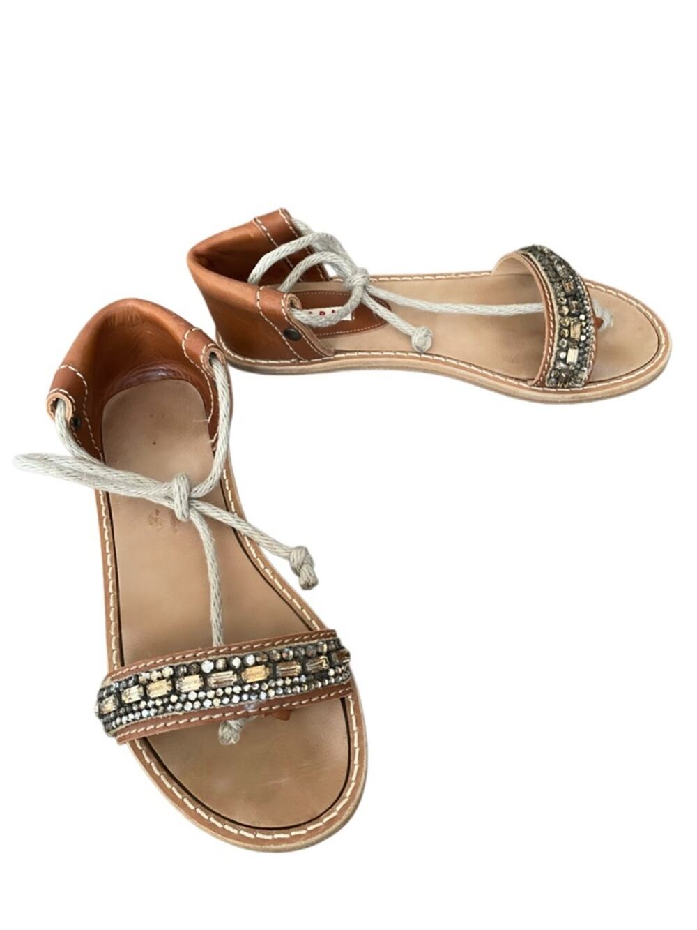 Marni Beaded Embellished Brown Leather Rope Ankle Tie Sandals Thong size 36 US 6